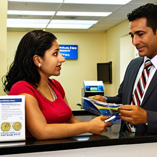**

A well-lit bank interior in Honduras. A friendly bank teller is assisting a customer (perhaps an expat) with opening a new account. The scene should convey trust and efficiency. Include Honduran currency and banking brochures in the background. The atmosphere should be modern and professional.

**