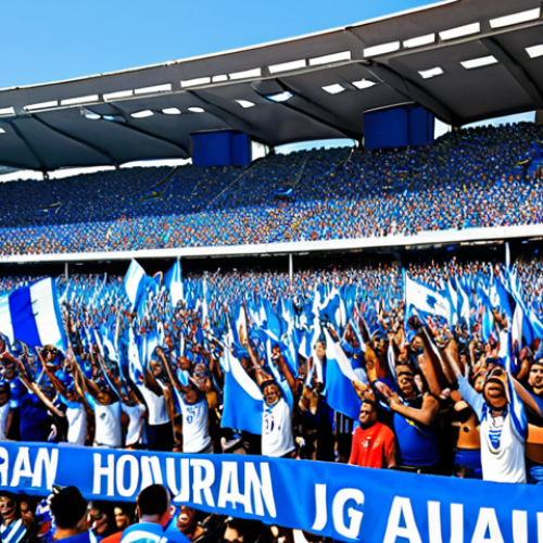 A vibrant Honduran football stadium filled with passionate fans waving the national flag, creating a sea of blue and white. The intense atmosphere is palpable, reflecting the unwavering support for their team.