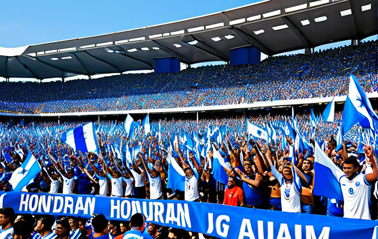 A vibrant Honduran football stadium filled with passionate fans waving the national flag, creating a sea of blue and white. The intense atmosphere is palpable, reflecting the unwavering support for their team.