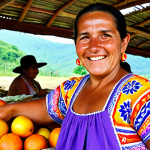 A vibrant, bustling open-air local market in Honduras. A friendly, smiling older Honduran woman, dressed in colorful traditional attire, stands behind a stall laden with fresh, exotic fruits and handmade crafts. She holds out Lempira banknotes to a tourist (seen from behind or partially visible), subtly indicating that cash is preferred and celebrating the simplicity of "dinero en mano." The scene is bright, authentic, and captures the deep-rooted culture of cash transactions in rural Honduras.