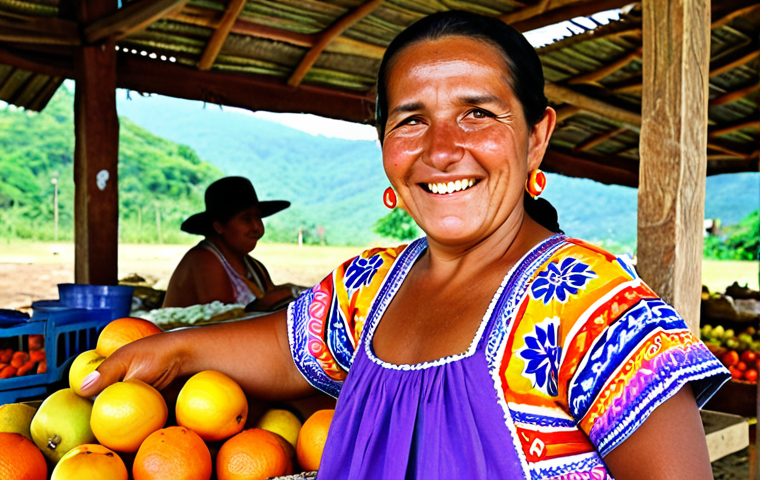 A vibrant, bustling open-air local market in Honduras. A friendly, smiling older Honduran woman, dressed in colorful traditional attire, stands behind a stall laden with fresh, exotic fruits and handmade crafts. She holds out Lempira banknotes to a tourist (seen from behind or partially visible), subtly indicating that cash is preferred and celebrating the simplicity of "dinero en mano." The scene is bright, authentic, and captures the deep-rooted culture of cash transactions in rural Honduras.