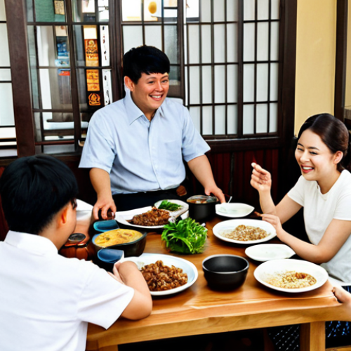 A diverse group of adults – Korean and Honduran – in a bustling, well-lit Korean restaurant in Tegucigalpa, Honduras. The subjects are fully clothed in modest casual attire, appropriate for a restaurant setting. The decor blends traditional Korean aesthetics with subtle local touches. Tables are laden with an array of colorful, authentic Korean dishes like Bibimbap, Bulgogi, and various Banchan, highlighting fresh ingredients. People are smiling, engaging in lively conversation, and sharing food, creating a warm, inviting, and community-focused atmosphere. Professional photography, high resolution, soft natural lighting, safe for work, appropriate content, fully clothed, modest clothing, family-friendly, perfect anatomy, correct proportions, natural pose, well-formed hands, proper finger count, natural body proportions.