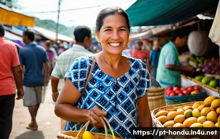 온두라스에서 현지 친구 사귀는 법 - **Prompt:** "A bustling, sun-drenched local market in La Ceiba, Honduras. A kind, middle-aged Hondur...