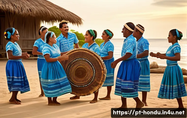 온두라스 전통 춤 푼타 - **Prompt: Traditional Garífuna Punta Dance Celebration**
    A vibrant, photorealistic image capturi...