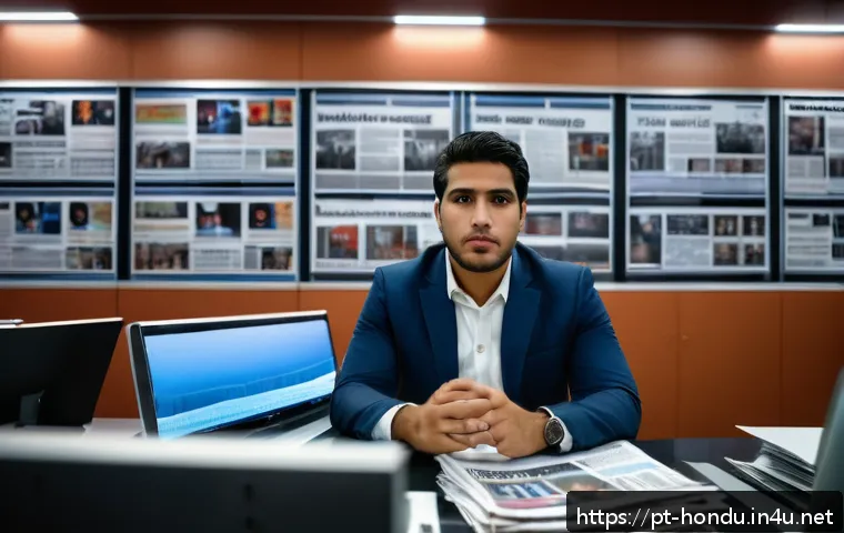 온두라스의 언론 자유와 뉴스 채널 - A determined Honduran journalist in a modest newsroom, surrounded by traditional newspapers and digi...