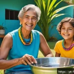 온두라스에서 애완동물 기르기 - A happy Honduran family in a shaded backyard with a small, energetic dog wearing a colorful collar, ...